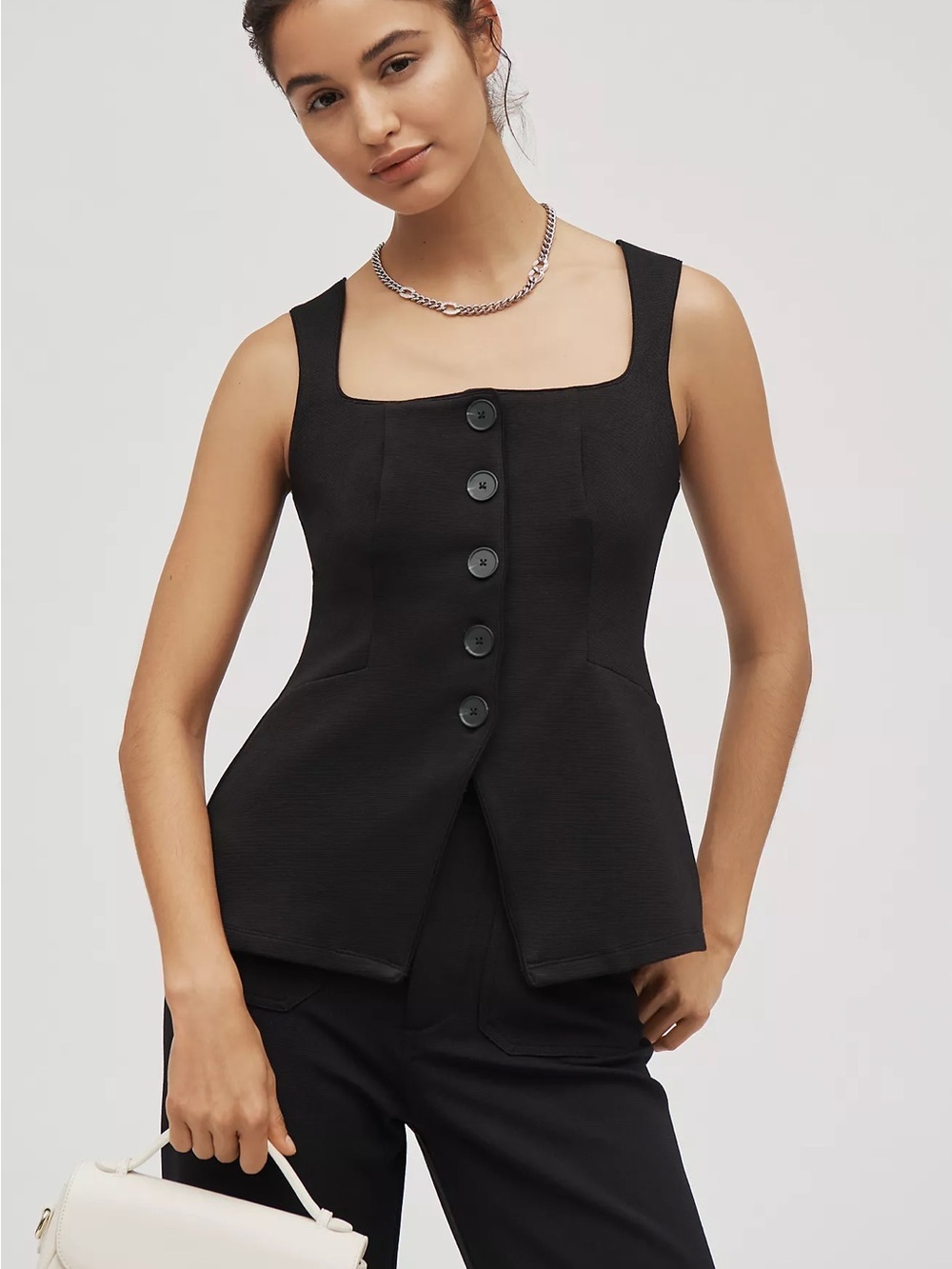 Maeve Black Ribbed Knit Top with Square Neck
